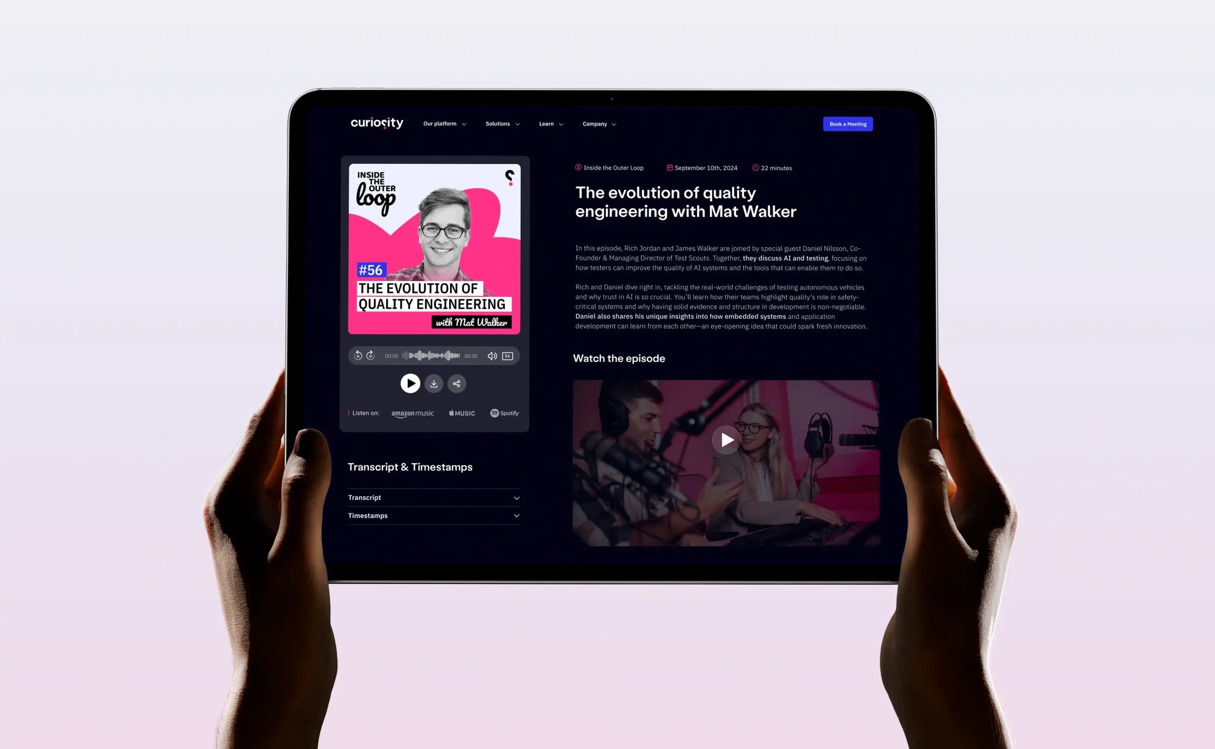 A powered-on tablet in the users hands