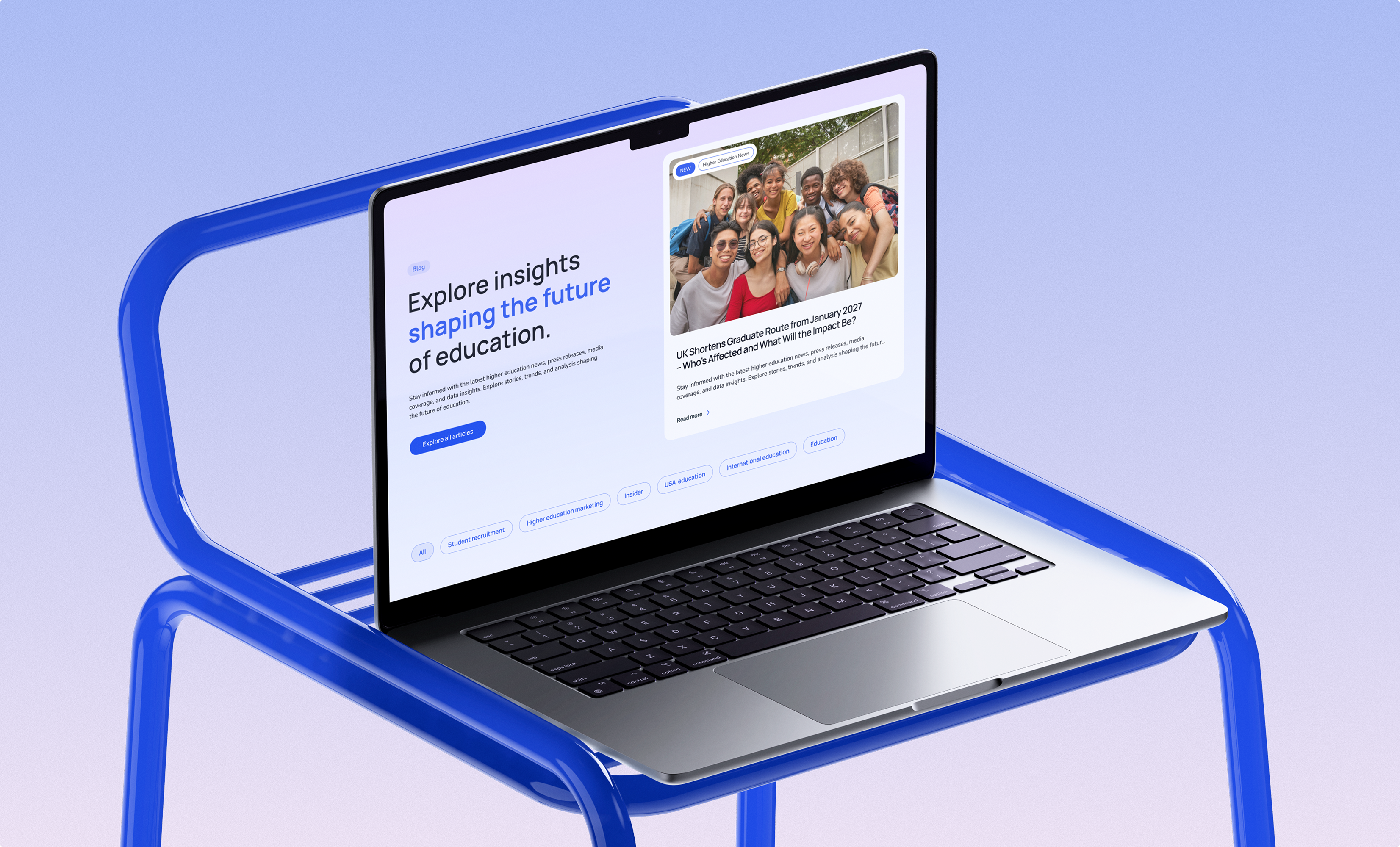 Laptop on blue chair