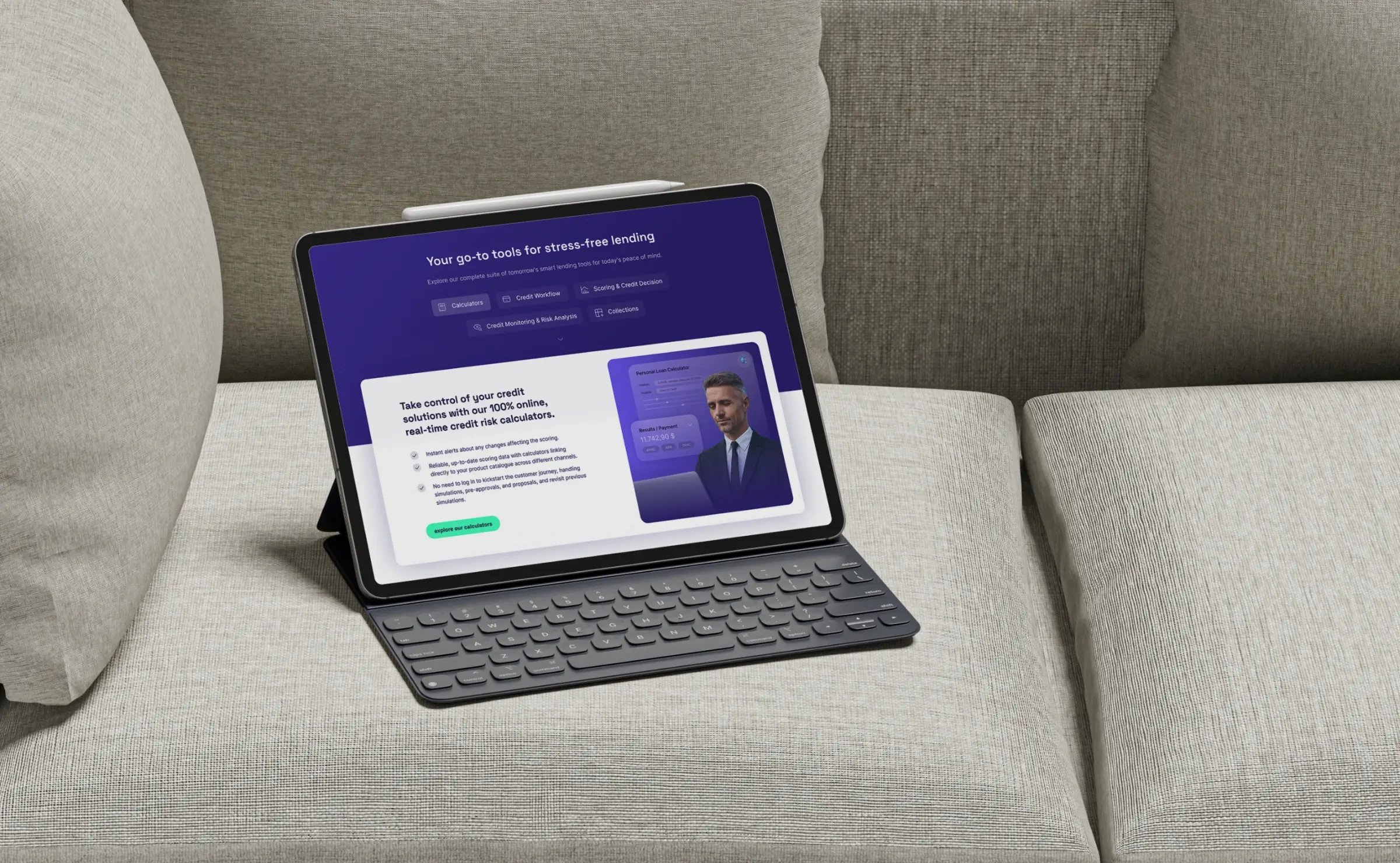 Tablet with a keyboard on the sofa